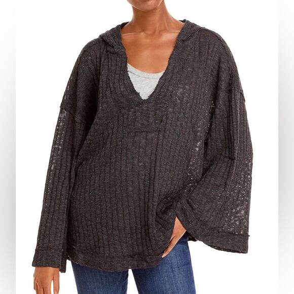 Free People Baja Babe Hooded Hacci Sweater Gray Wide Sleeve Oversized Size XS - Picture 1 of 6